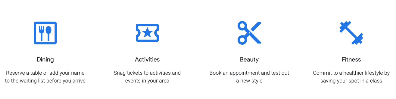 Screenshot of icons for dining, activities, beauty and Fitness