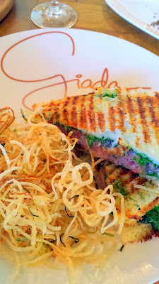 Lunch Menu at Giada in the Cromwell Las Vegas, Lemon Pesto Grilled Cheese with heirloom tomatoes with prosciutto San Daniele and fried zucchini scapecce