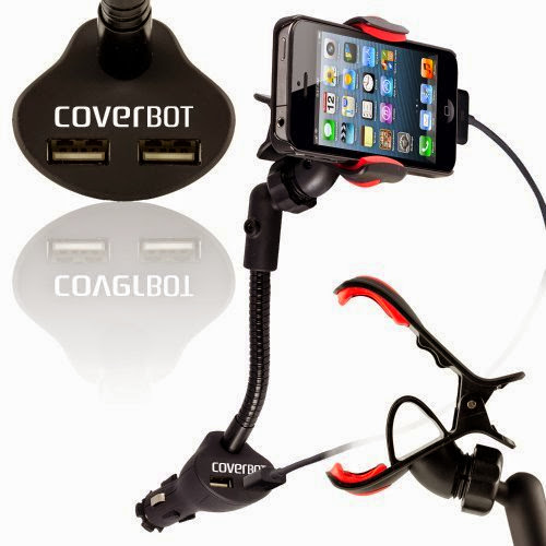  CoverBot Flexible Gooseneck Car Clamp Holder with Car Charger Dual USB High Output Ports for iPhone, Samsung, BlackBerry, HTC, LG, Motorola, or Palm phones