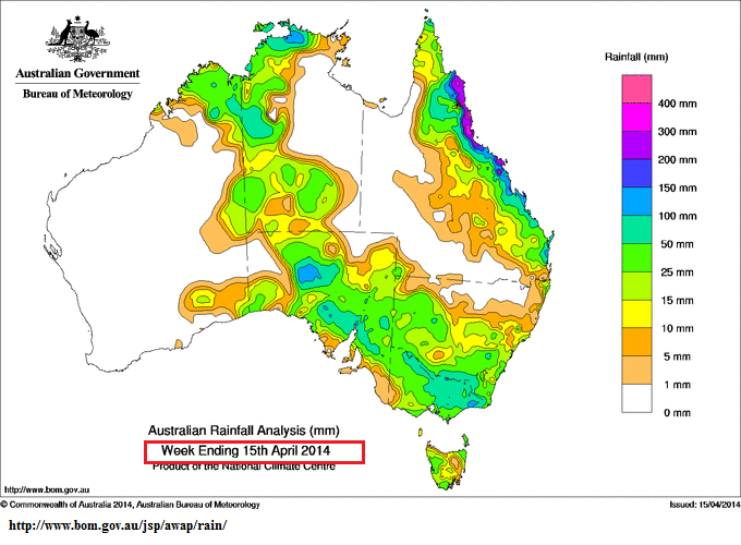 Rain totals Australia .Week ending 15th April 2014
