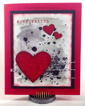 Linda Vich Creates: Valentine Round Up. Watercolor washed background topped with gorgeous grunge and red glimmer hearts. Alphabet rotary stamp used for sentiment.