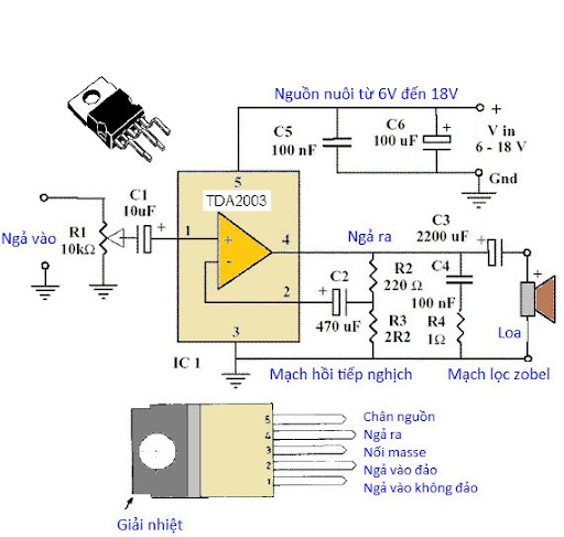 Mạch ứng dụng: Mạch khuếch đại âm thanh dùng IC TDA2003. TDA2003 Mạch ứng dụng: Mạch khuếch đại âm thanh dùng IC TDA2003.
