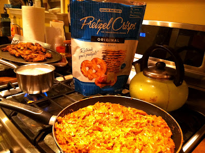 chicken, enchilada, dip, pretzels, stove, pan