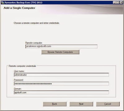 Aadir servidor y equipo a servidor de copia de seguridad Symantec Backup Exec 2012