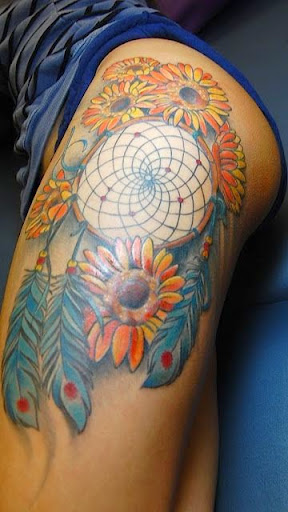 sunflower with Dreamcatcher Tattoos on thigh