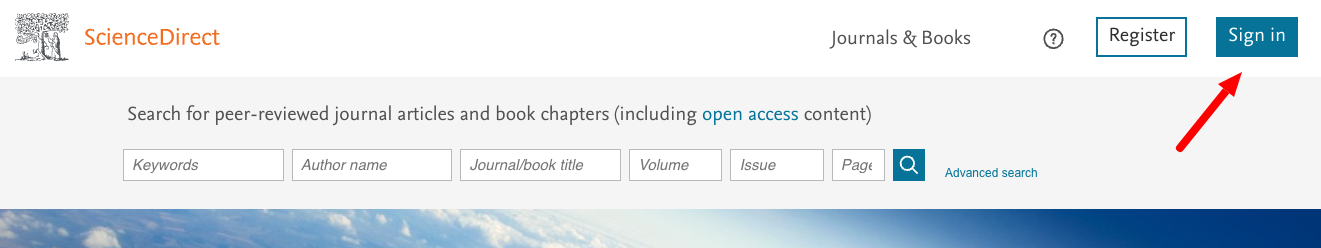 screenshot of sciencedirect page with arrow pointing to sign in button