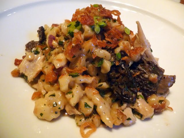 Gruner, alpine food, spätzle with braised chicken, mushrooms, fava beans, riesling, crème fraîche, tarragon & crispy shallots