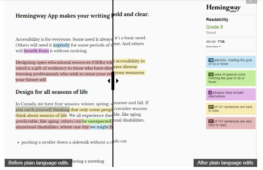 A screenshot of the Hemingway plain language tool showing the "before plain language edits" pane on the left and the "after plain language edits" pane on the right. 