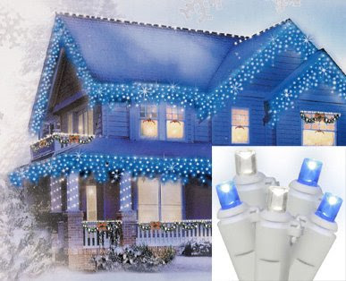 Set of 70 Blue & Pure White LED Wide Angle Icicle Christmas Lights - White Wire