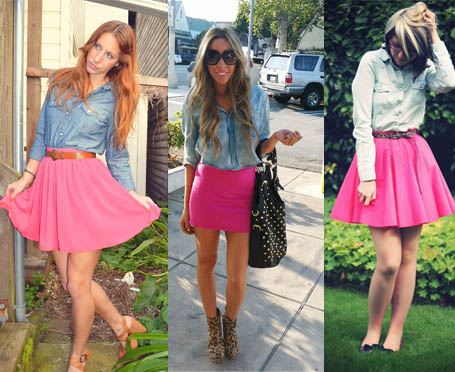 Como usar saia cor de rosa com camisa jeans