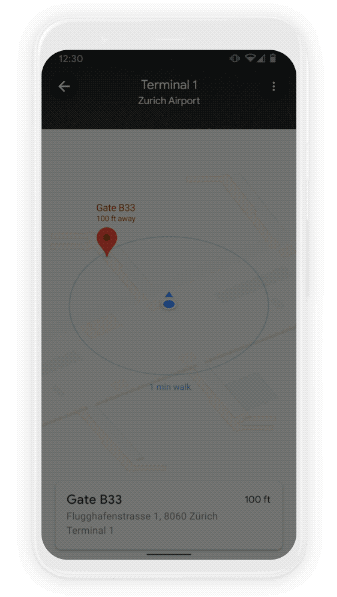 Un GIF de Live View, aidant à localiser une porte d'embarquement