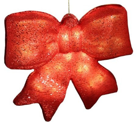 15.5-inch Red Glittered Battery Operated Lighted LED Christmas Bow Decoration