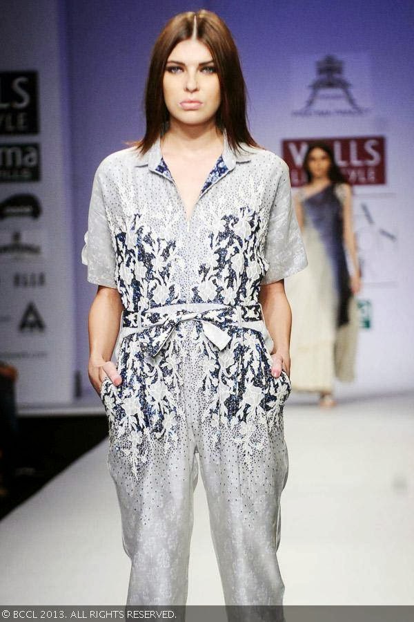 Katrin flaunts a creation by fashion designer Pratima Pandey on Day 3 of Wills Lifestyle India Fashion Week (WIFW) Spring/Summer 2014, held in Delhi.