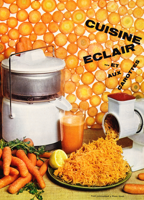 Publicité vintage : Cuisine éclair... et aux carottes. - Pour vous Madame, pour vous Monsieur, des publicités, illustrations et rédactionnels choisis avec amour dans des publications des années 50, 60 et 70. Popcards Factory vous offre des divertissements de qualité. Vous pouvez également nous retrouver sur www.popcards.fr et www.filmfix.fr