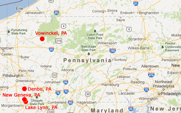 Map of some small western Pennsylvania post offices suspended 2011-2012