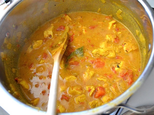 coconut milk added to curry pot 