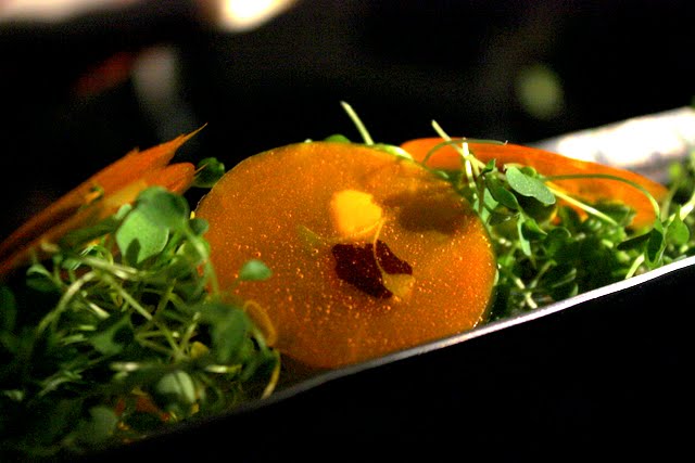 Molecular gastronomy mango discs at a dinner at Somerset House in London
