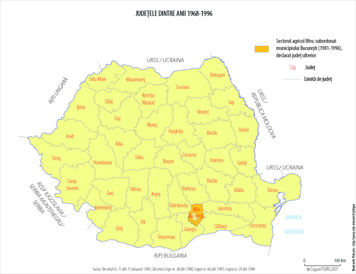 Harta administrativ-teritorială a României între 1981 - 1996. Sunt reînfiinţate judeţele