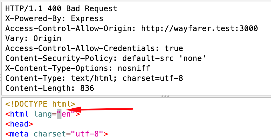 A response with a 400 Bad Request status, highlighting that ZAP indicated a quote character that is a standard part of the first HTML attribute in the document.