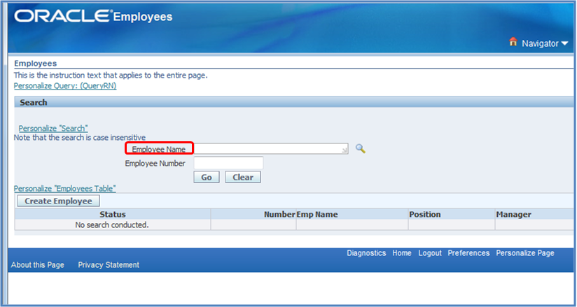 Main employee search page in OAF