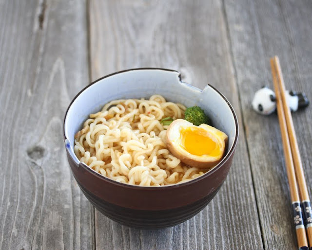 photo of a bowl of ramen with a Japanese Marinated Soft Boiled Egg 