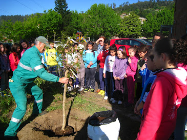 Nenos e nenas de 2º ciclo co seu granado