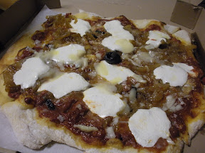 Boston, Bertucci, Carmine pizza, pizza with Fresh mozzarella balls, Romano cheese and caramelized onions with roasted tomato sauce