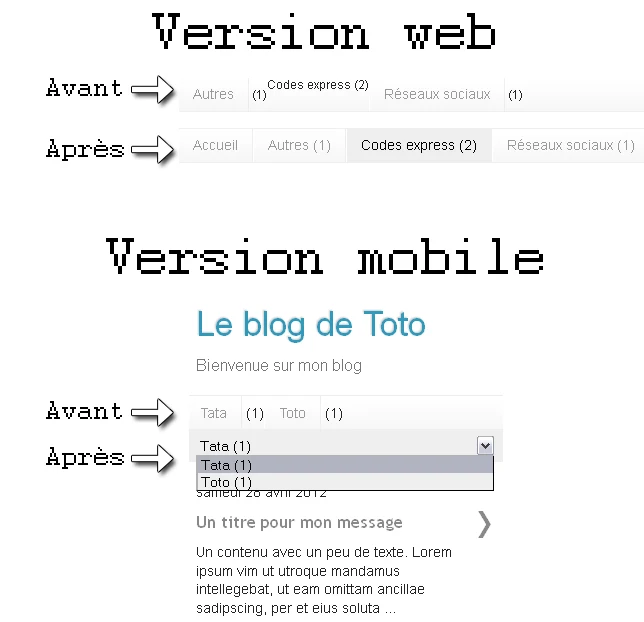 Comparaison du gadget, versions web et mobile, avant et après customisation