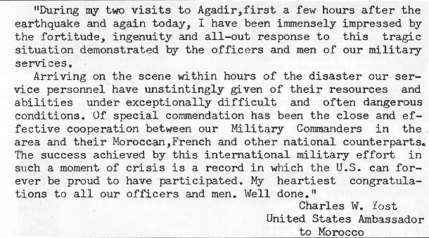 البحرية الامريكية تقدم الإغاثة العاجلة لسكان المناطق المنكوبة بمدينة اكادير سنة 1960 AgadirFiveLOG_Yost_Ltr