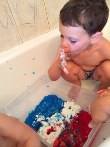 This red, white and blue sensory play is perfect for celebrating holidays with kids! A great way to explore the senses through play and fun! 