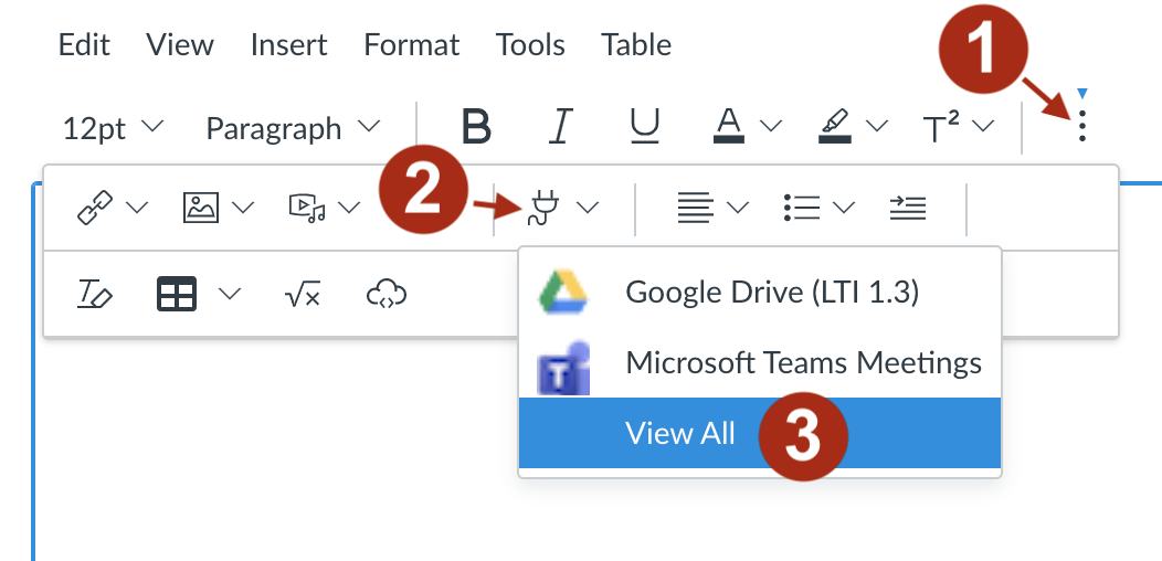 Image showing how to use Google Drive in Canvas through the rich text editor features