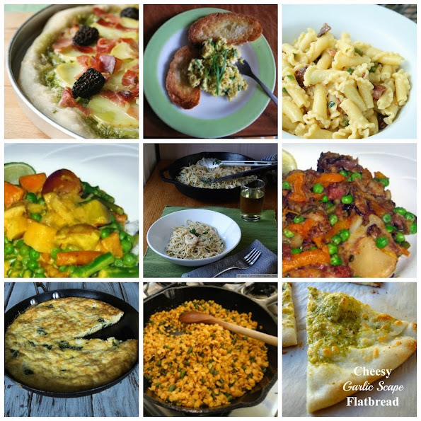 collage of images of main dishes using garlic scapes, part of the garlic scape recipe round up