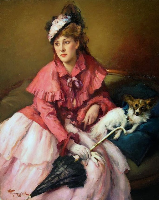 Fernand Toussaint - Lady in white dress with dog 