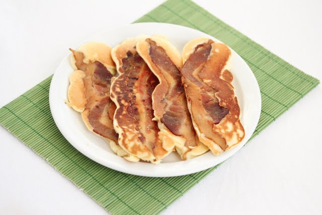 overhead photo of a plate of Bacon Pancake Strips