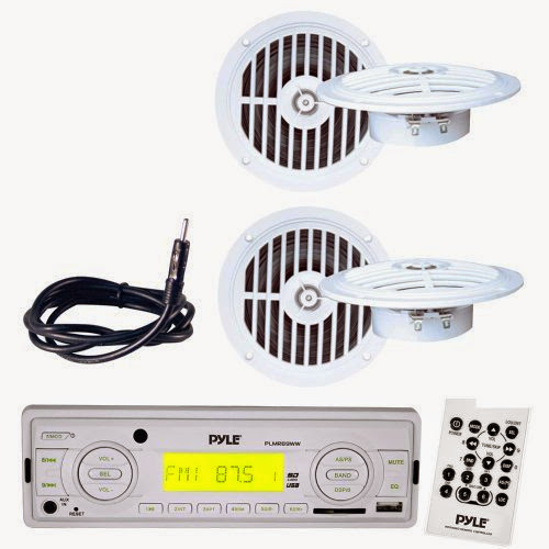  Pyle Marine Radio Receiver, Speaker and Cable Package - PLMR89WW AM/FM-MPX IN-Dash Marine MP3 Player/Weatherband/USB  &  SD, MMC Memory Card Function - 2x PLMR57W 2 Pairs of 5 1/4'' Dual Cone Waterproof Stereo Speaker System - PLMRNT1 22