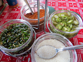 Sen Yai Condiments Tray red chili powder, chilies in vinegar, sugar, chilies in fish sauce, Sen Yai restaurant, Thai noodle restaurant, Andy Ricker