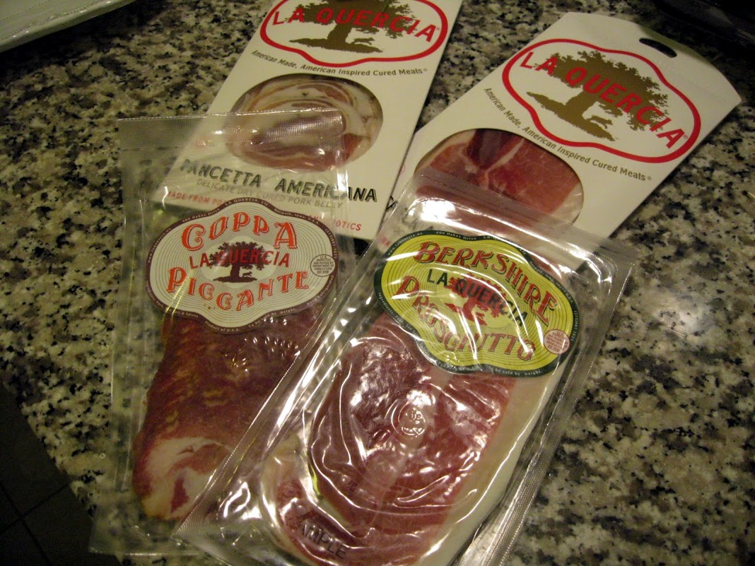 La Quercia packaging - pancetta Americana, speck, coppa piccante, Berkshire prosciutto.  Salumi is best consumed freshly sliced, but the company does a nice job with pre-sliced product (though we wish the product was vacuum sealed).