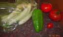 some of the late harvest - gretel eggplant, a green costa rican pepper, 3 varieties of tomato