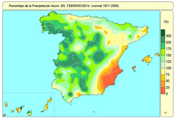 Febrero de 2014: húmedo y normal en temperaturas en España