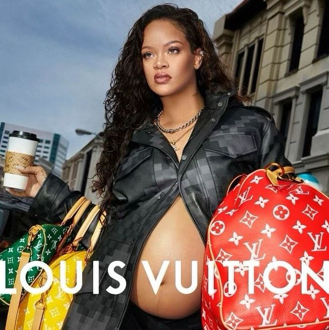 Celebrity endorsement Louis Vuitton ad featuring a pregnant Rihanna donning multiple colorful designer bags.