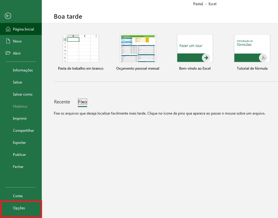 opções do excel