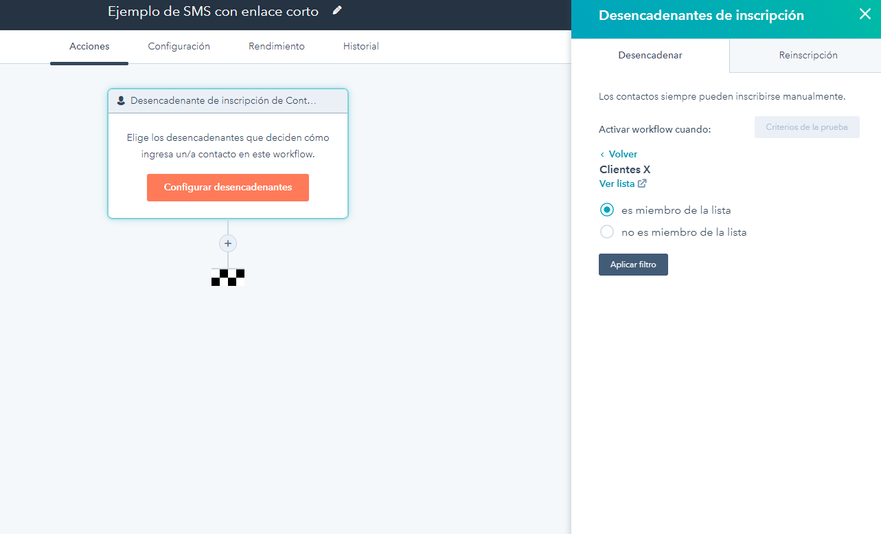 Configurar un envió de SMS en Hubspot: añadir filtro