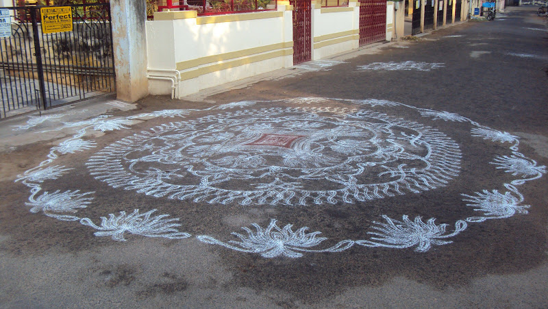 Easy colourful Pongal kolam design made with dots