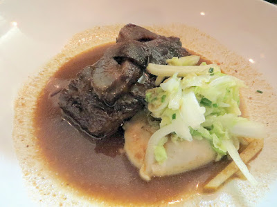 Aviary first course of Miso braised beef short rib with taro root, yuzukoshō slaw, and shitake mushroom for Portland Dining Month 2015