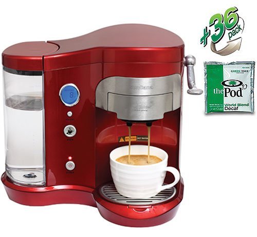 SunCafe Coffee Pod Brewer H701A - Red (includes 36 World Blend Decaf Pods)