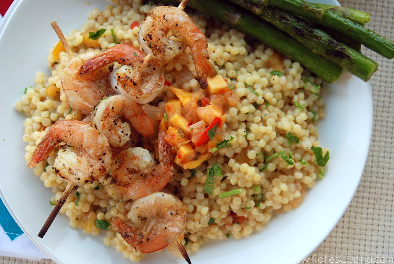 Red Pepper Mango Israeli Couscous with Shrimp Kebabs