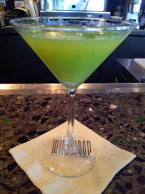 Wildwood cocktail of Oh Snap! Tanqueray, cointreau, mint tincture, lemon, and sugar snap peas puree