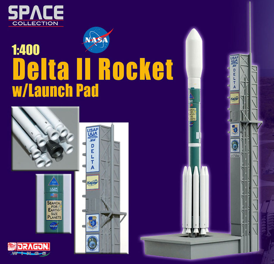 Dragon 56243 Sammlermodell Space Delta II Rocket w/Launch Pad 1/400 aus Metall