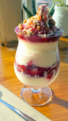 Cheese & Crack dessert of a Port Wine Cheese Sundae with Vanilla Soft Serve layered with Ruby Port Wine Reduction and Hazelnut Granola, and then there's the grated Beecher's Flagship Cheddar