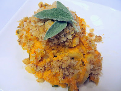 Pechluck's Pumpkin Mac and Cheese Recipe- uses less cheese because the pumpkin adds creaminess, and the toppings add great crunchy layer with the combination of panko and breadcrumbs, walnuts and parmesan
